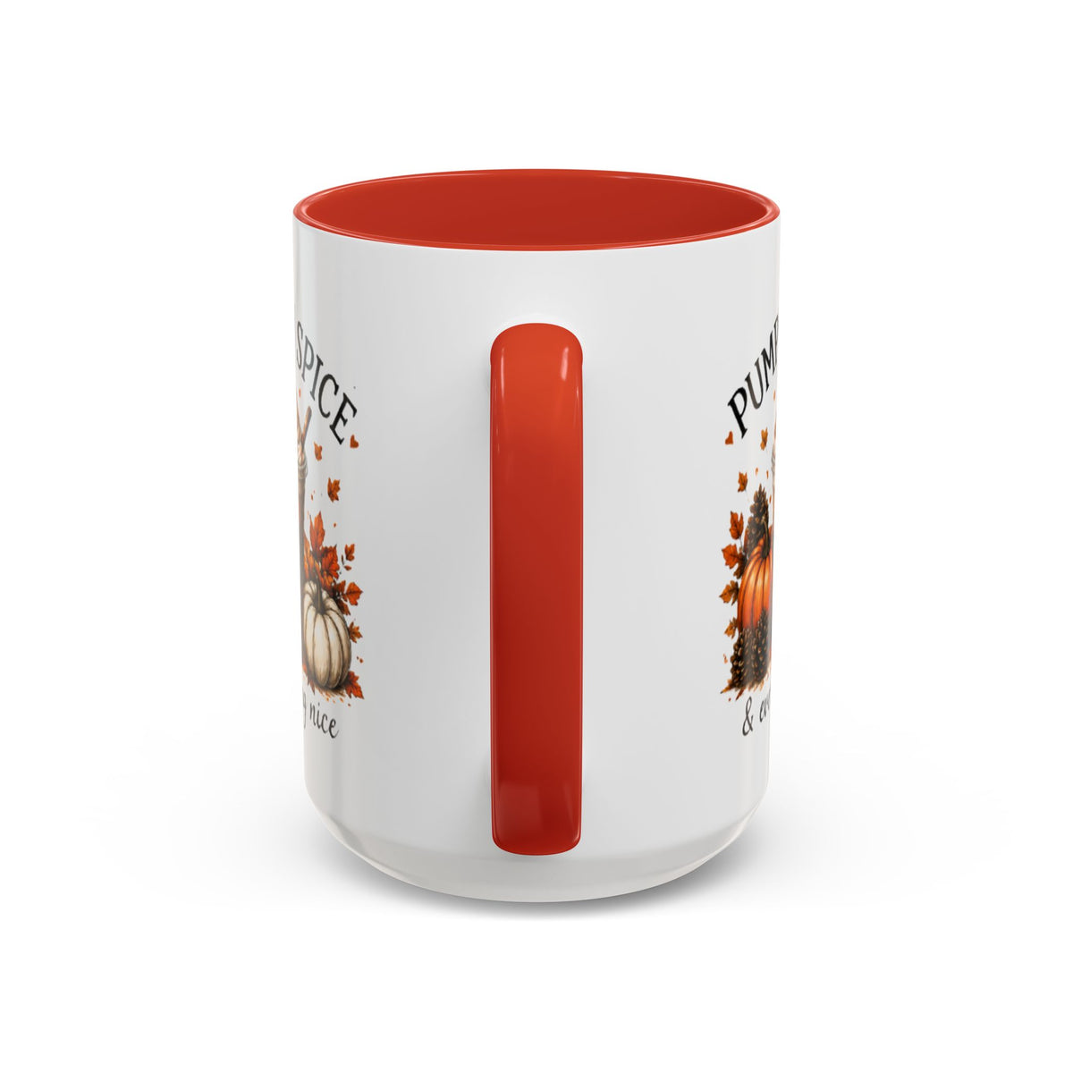 Red-accent white coffee mug with vertical handle and pumpkin seasonal design.