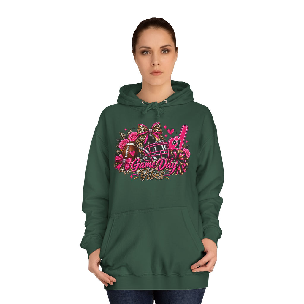 Game Day Cheer Hoodie — Pink Football Floral Design by Printify, green hoodie modeled by a woman with a colorful pink football game day graphic.