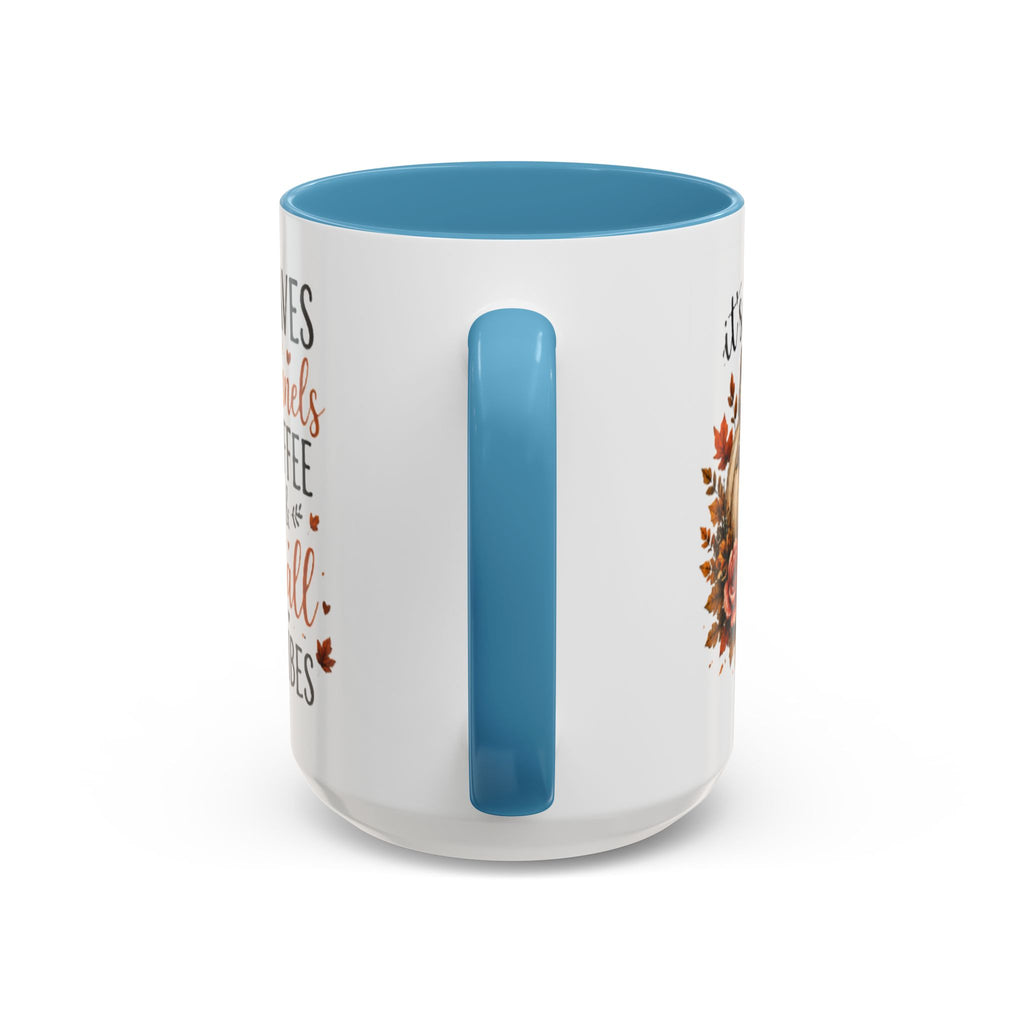 Autumn coffee mug with light blue handle, white body, fall print and light blue vertical accent