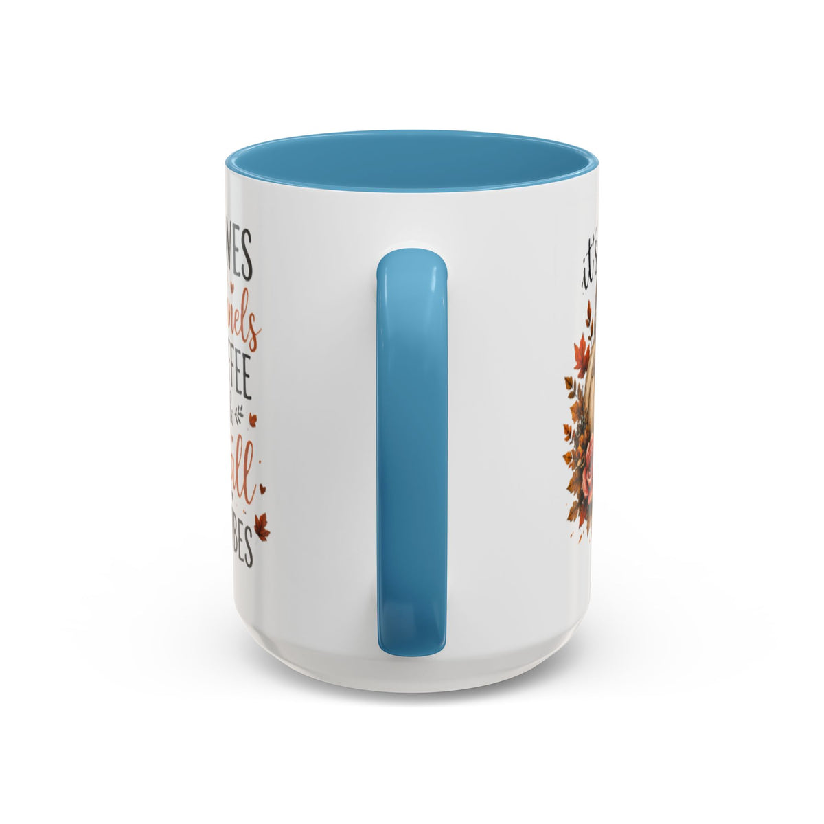 Autumn coffee mug with light blue handle, white body, fall print and light blue vertical accent