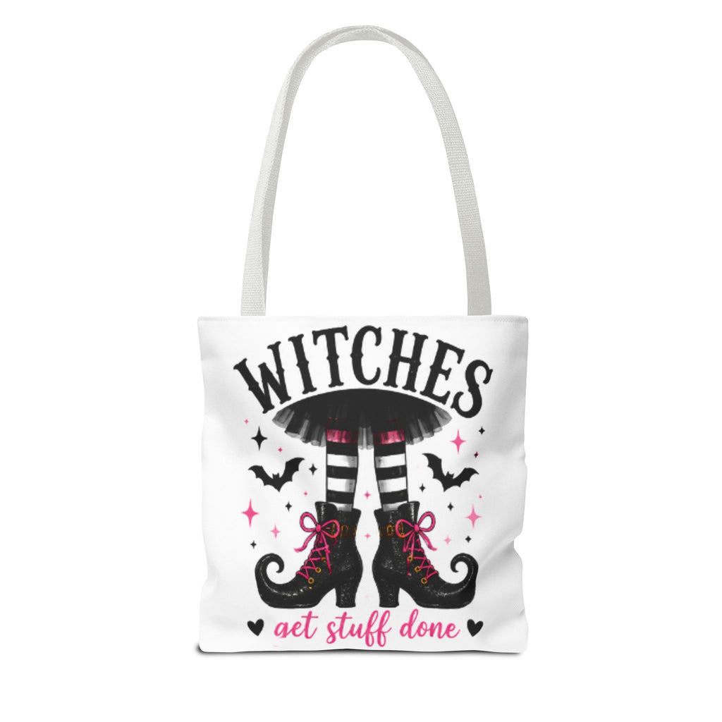 White tote bag with gray handles, 'WITCHES' boots graphic and 'get stuff done' text