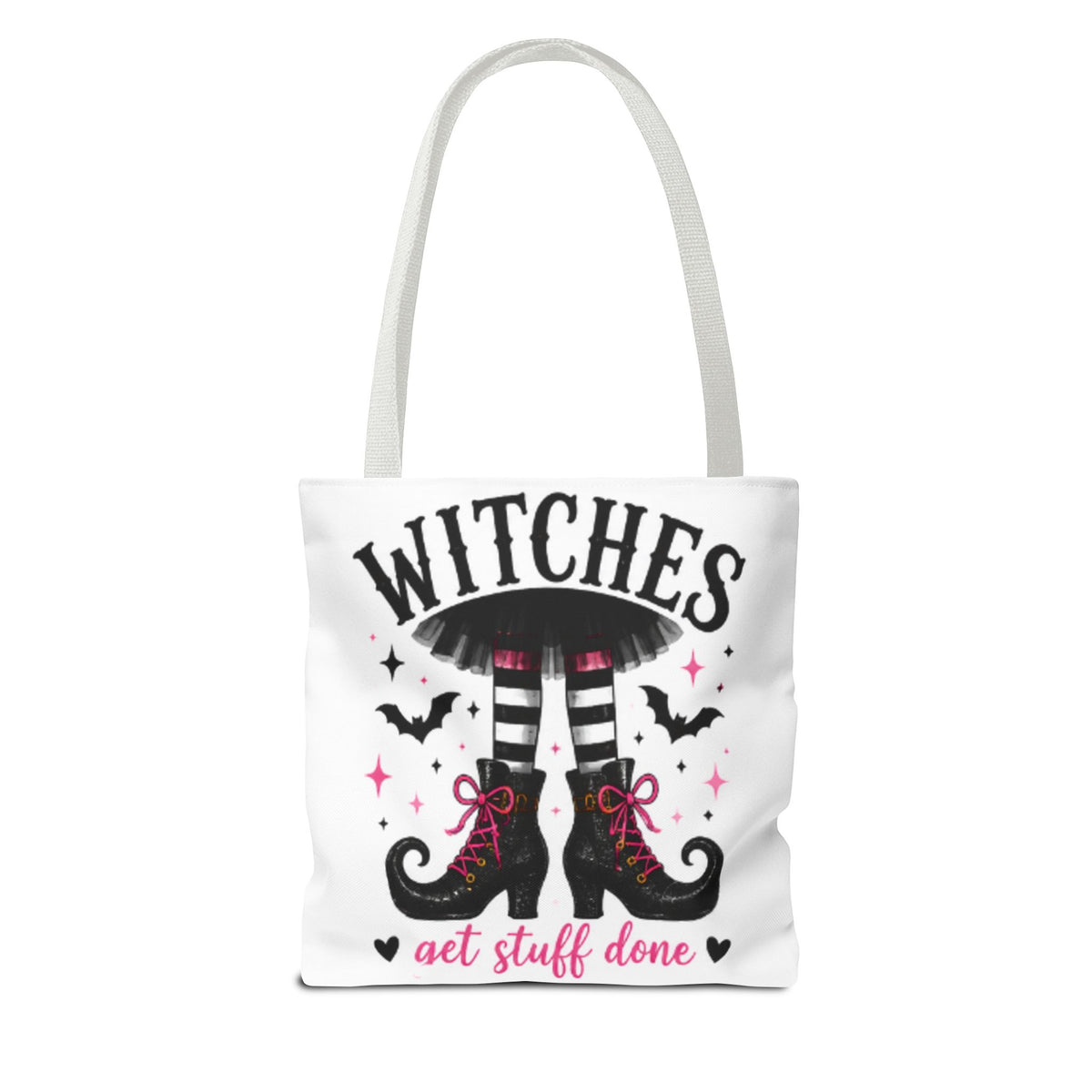 White tote bag with gray handles, 'WITCHES' boots graphic and 'get stuff done' text
