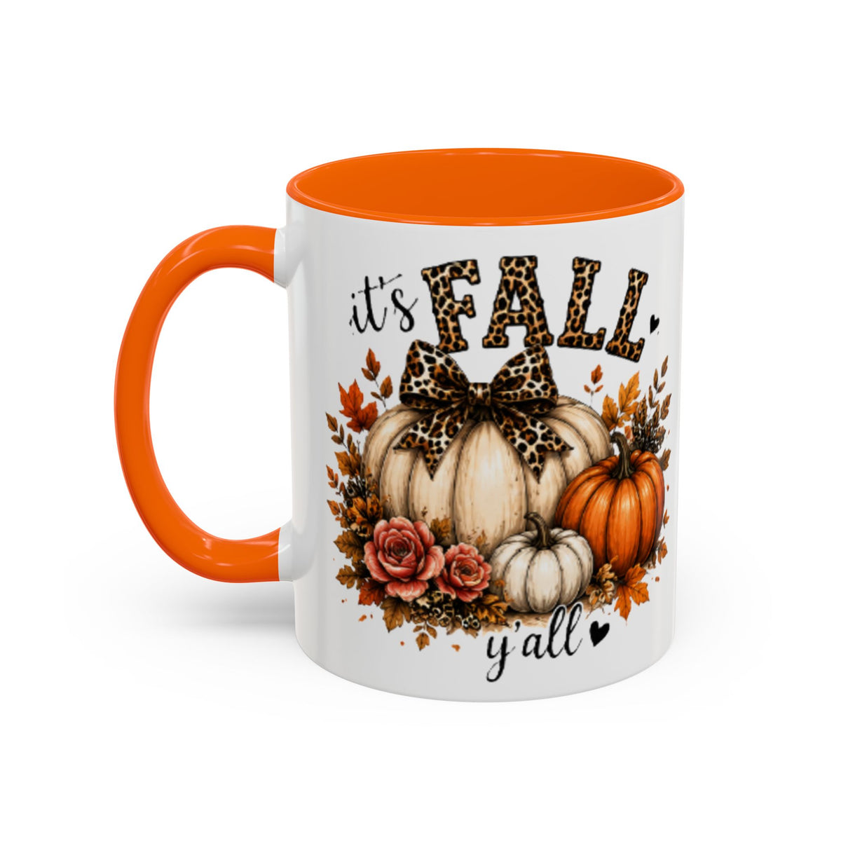 Autumn coffee mug with orange handle, white body, “It’s FALL y’all” pumpkins and floral wreath