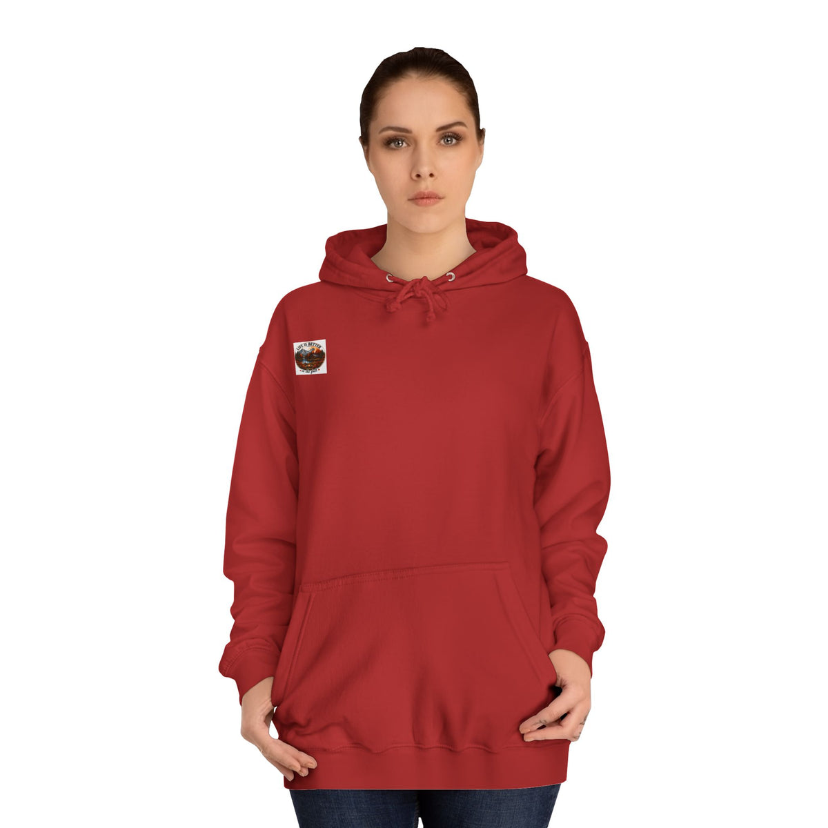 Burgundy pullover hoodie with drawstring hood and front pouch pocket, small chest patch