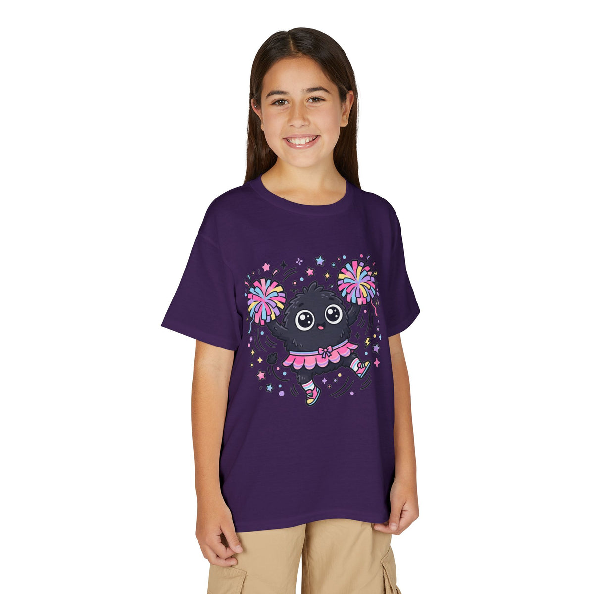 Cute Black Kitty Cheerleader Youth T-Shirt — Pom-Pom Dancing Cat Tee