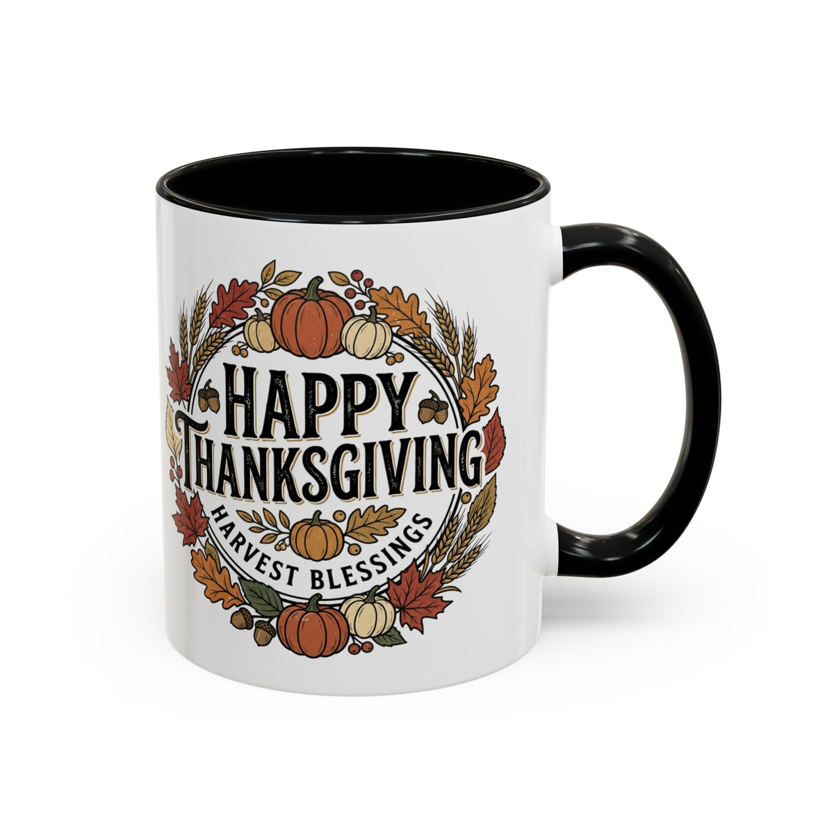Happy Thanksgiving Accent Coffee Mug — "Harvest Blessings" Fall Pumpkin Wreath (11/15 oz)