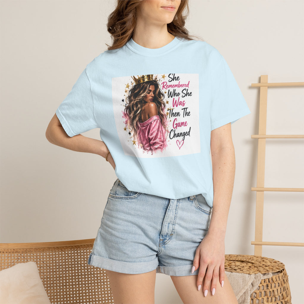 T-Shirt — 'She Remembered Who She Was' Empowerment Tee (Woman Portrait, Inspirational Quote)