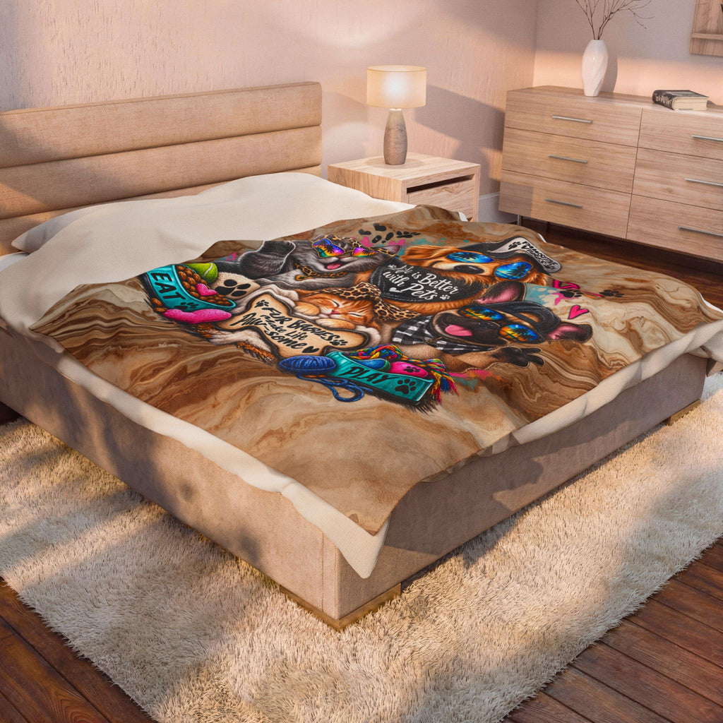 Velveteen Plush Blanket — "Life Is Better with Pets" Cute Dog & Cat Paw-Some Throw