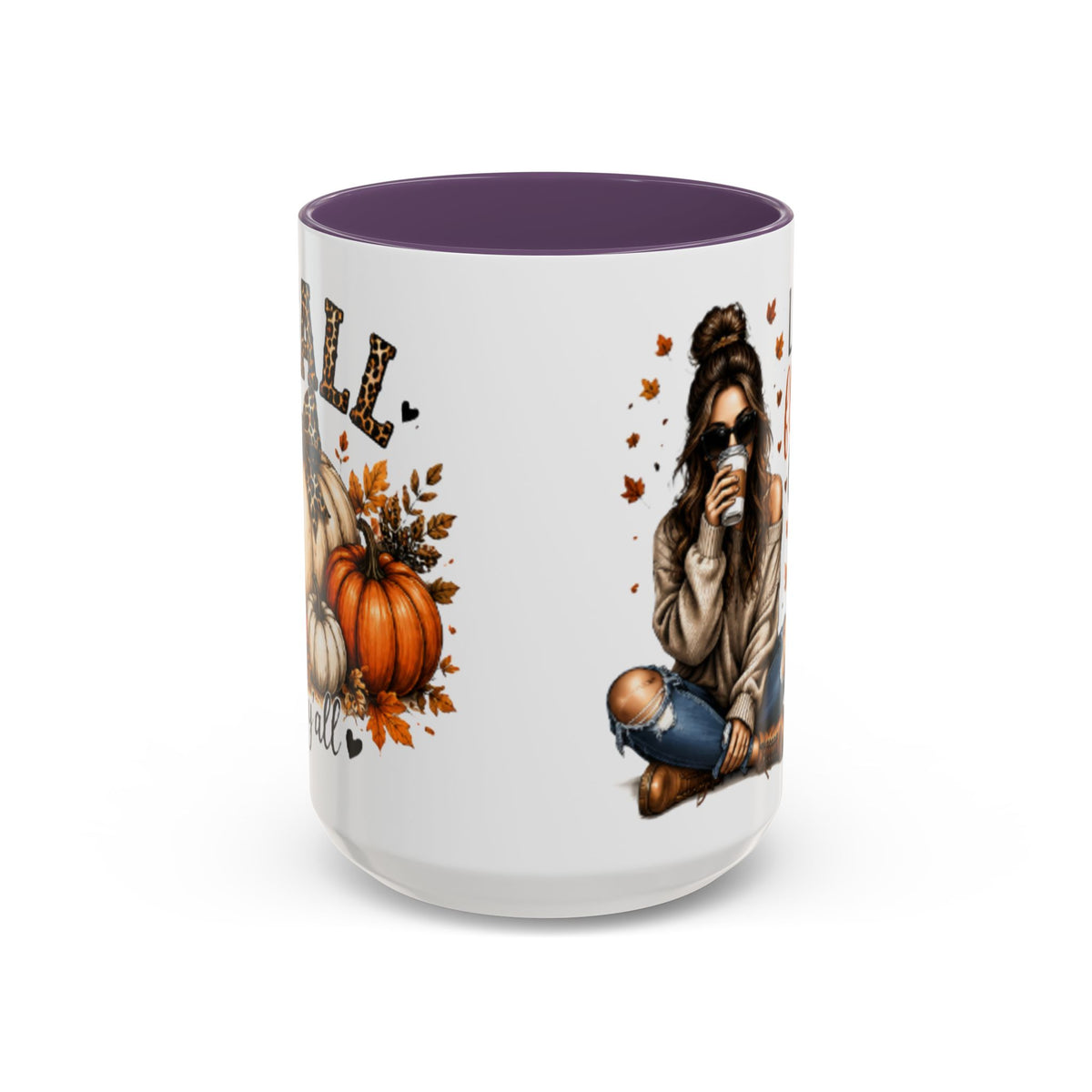 White autumn coffee mug with purple interior rim, woman sipping drink and pumpkin graphic.