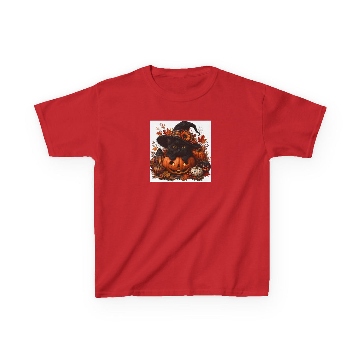 Kids Tee — Halloween Black Cat with Witch Hat & Pumpkins