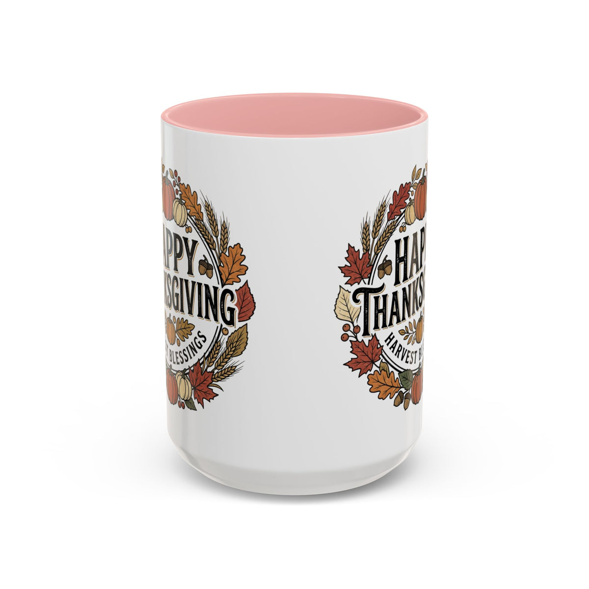 Happy Thanksgiving Accent Coffee Mug — "Harvest Blessings" Fall Pumpkin Wreath (11/15 oz)