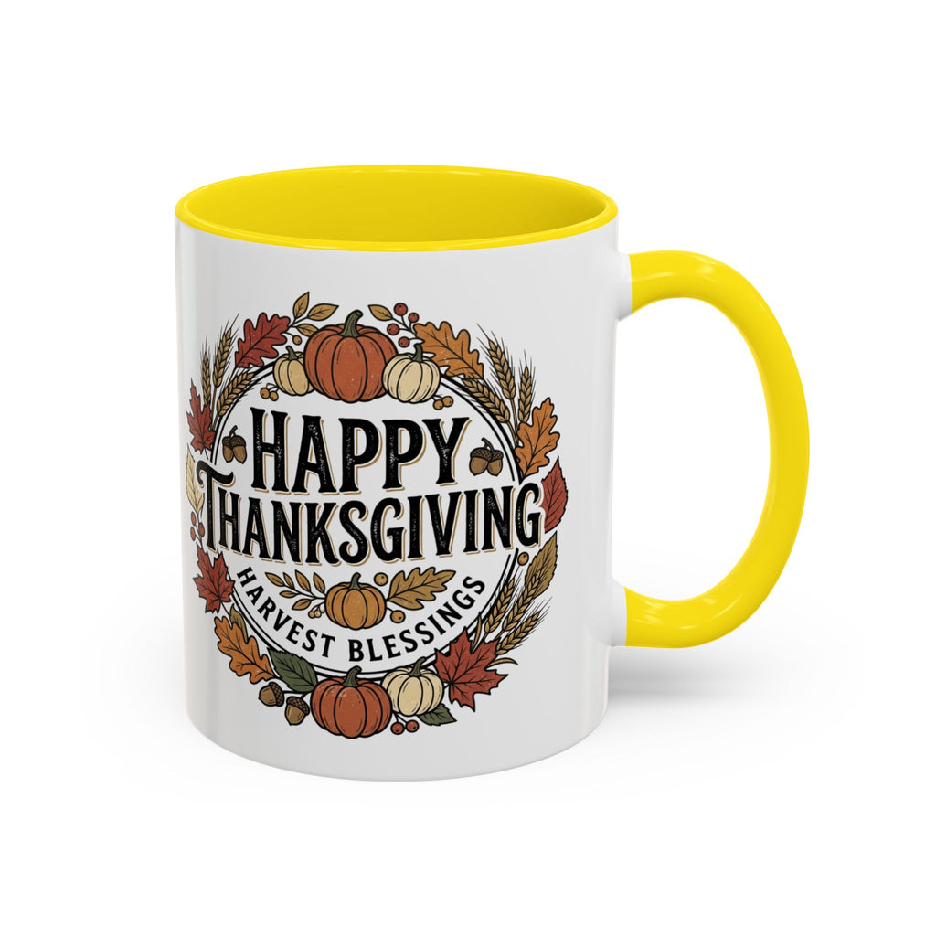 Happy Thanksgiving Accent Coffee Mug — "Harvest Blessings" Fall Pumpkin Wreath (11/15 oz)