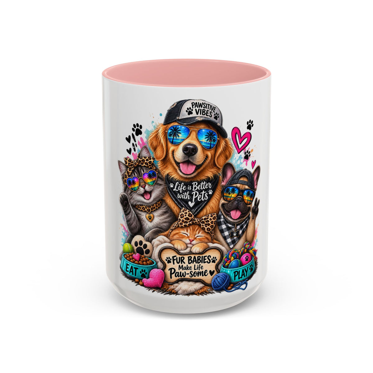 Coffee Mug — "Life is Better with Pets" Colorful Dog & Cat Paw-some Design (11/15 oz)