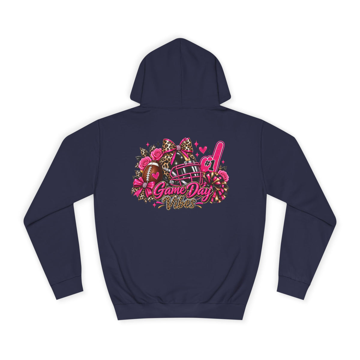 Game Day Cheer Hoodie — Pink Football Floral Design by Printify, dark navy hoodie with a colorful pink football, helmet, flowers, pom-poms, and Game Day graphic
