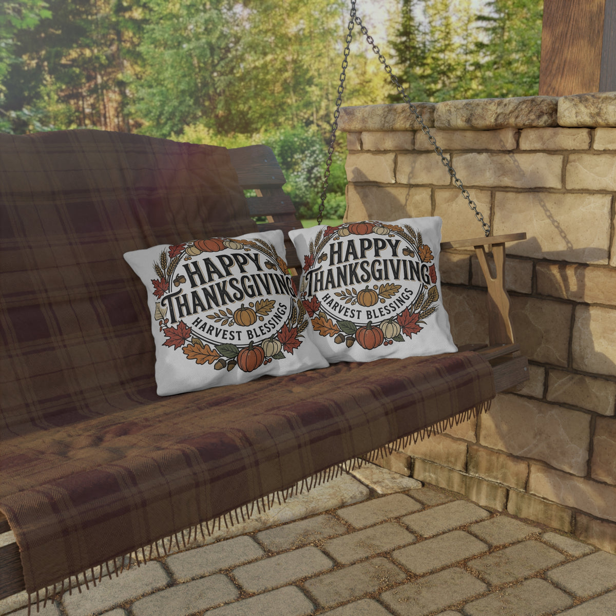 Happy Thanksgiving Harvest Blessings Outdoor Pillow — Fall Pumpkin & Leaf Decorative Throw
