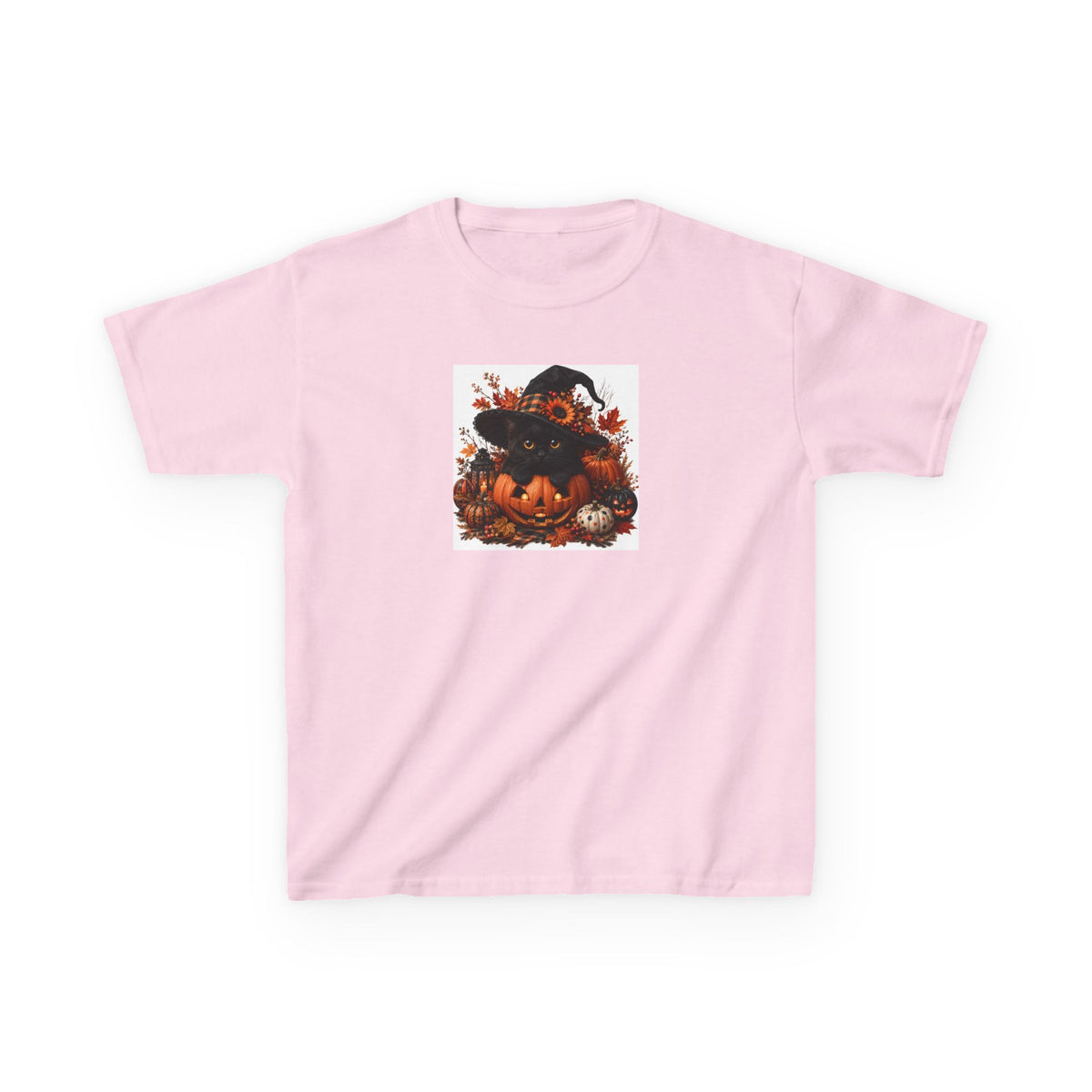 Kids Tee — Halloween Black Cat with Witch Hat & Pumpkins