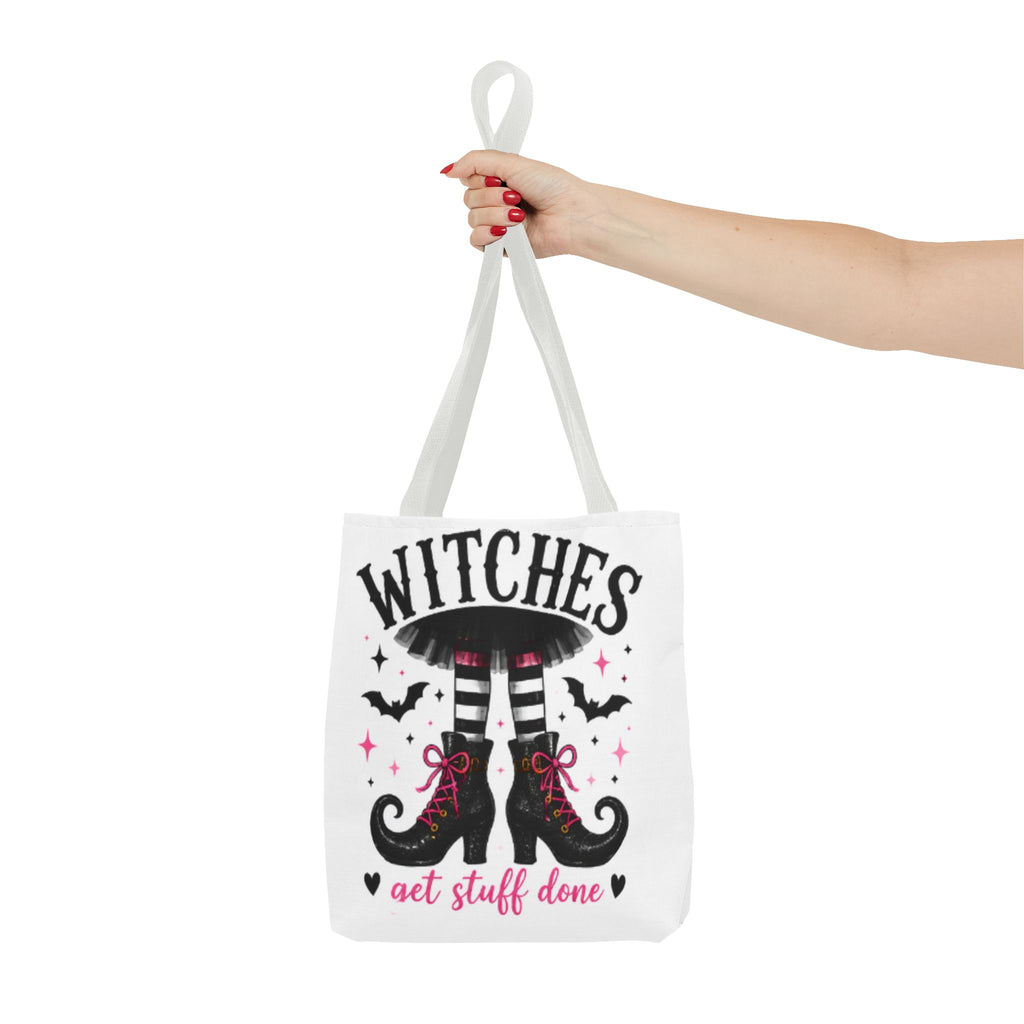 White tote bag with gray handles, 'WITCHES' boots graphic with bats and stars