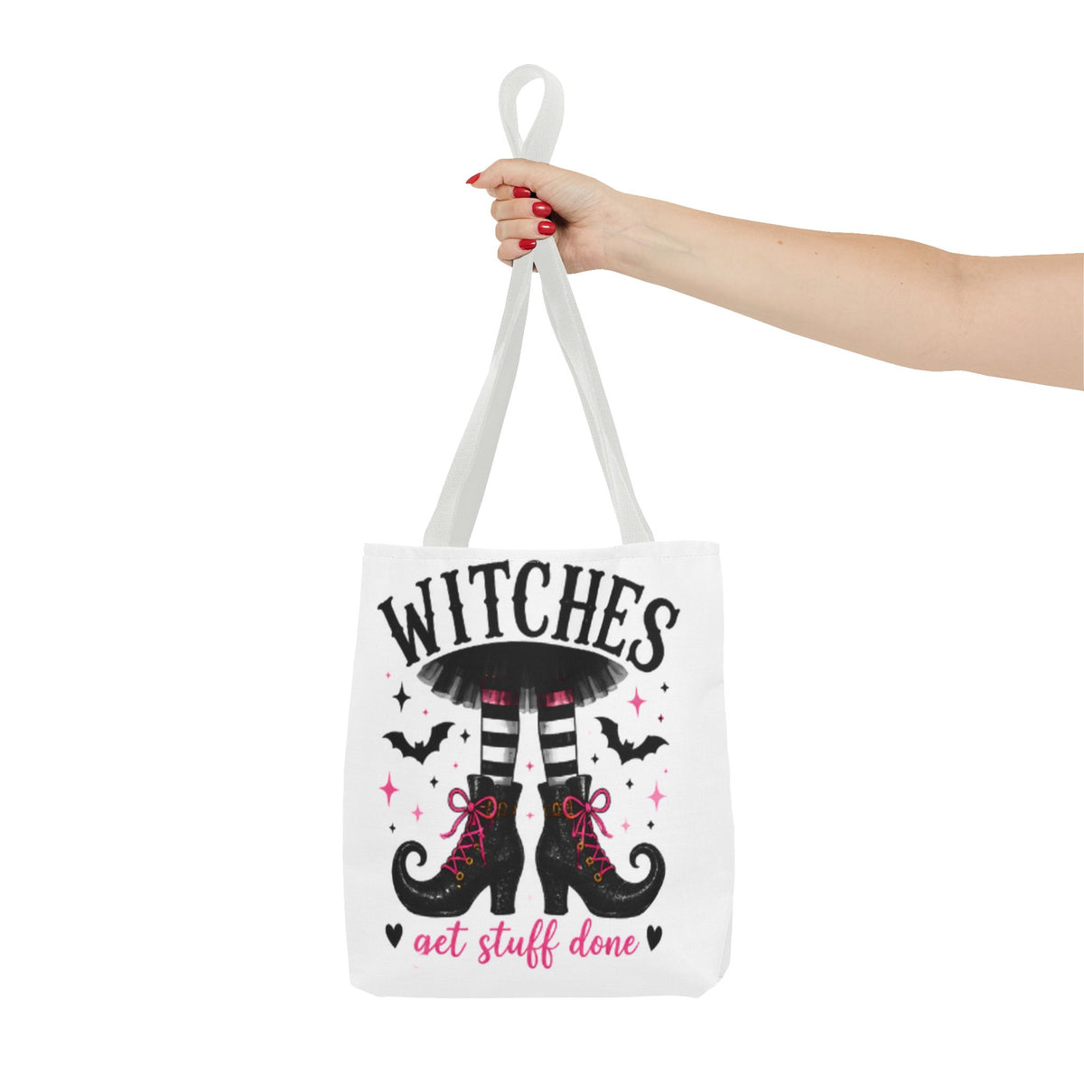 White tote bag with gray handles, 'WITCHES' boots graphic with bats and stars