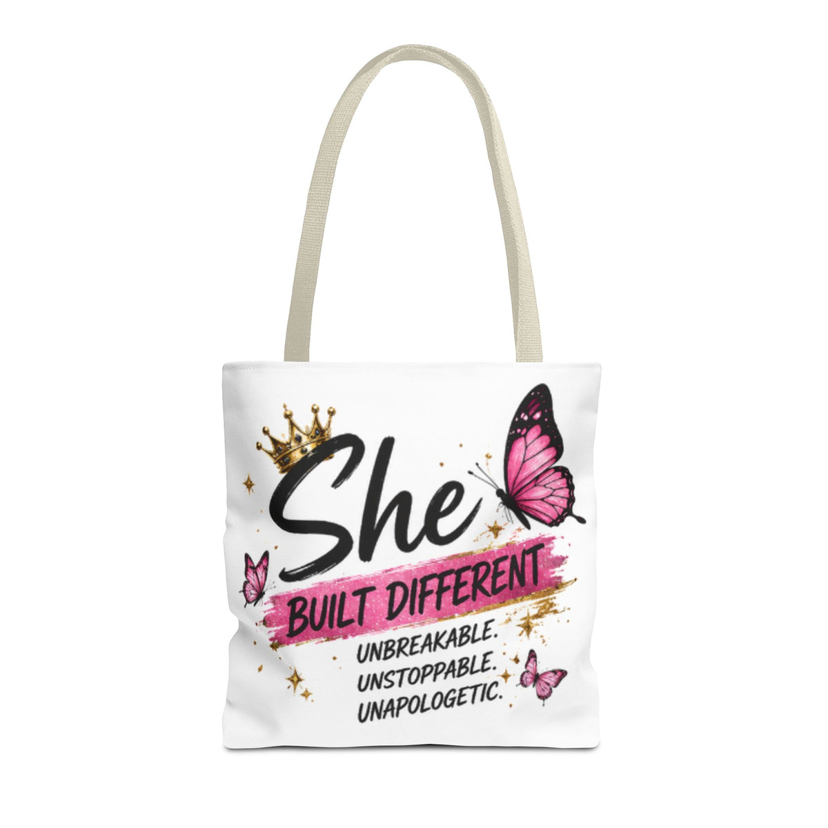 White tote bag with long beige handles, crown and pink butterfly “She Built Different” print