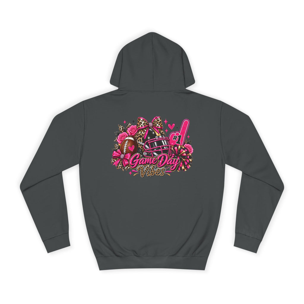 Game Day Cheer Hoodie — Pink Football Floral Design by Printify, dark gray hoodie with a pink football helmet, flowers, pom-poms, and Game Day graphic