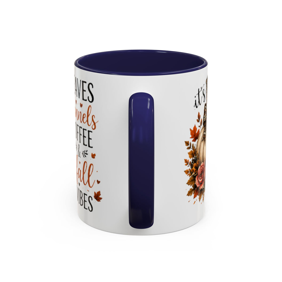Navy interior and handle coffee mug with side autumn graphic, glossy finish