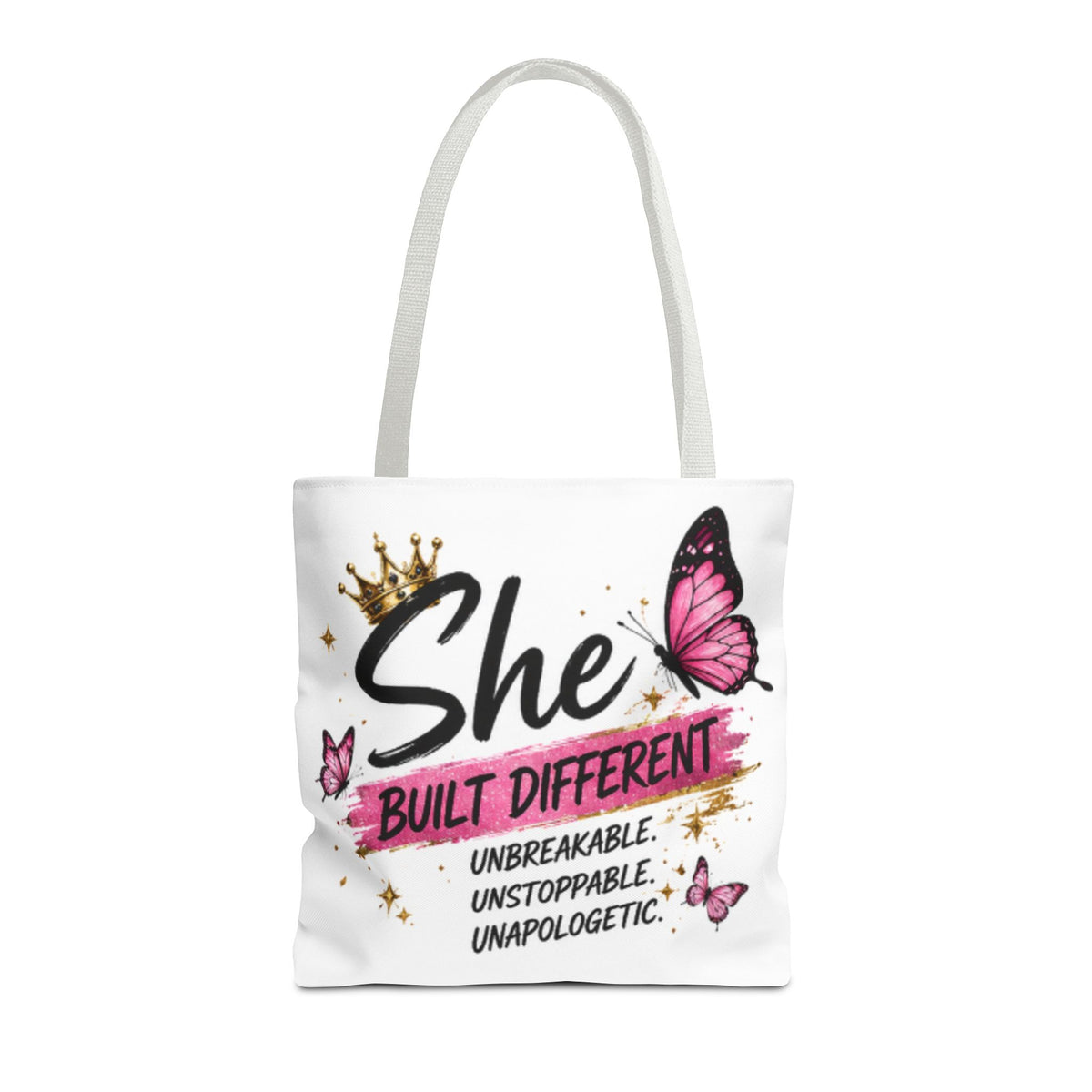 Light gray-handled graphic tote bag featuring 'She Built Different' text and butterfly design