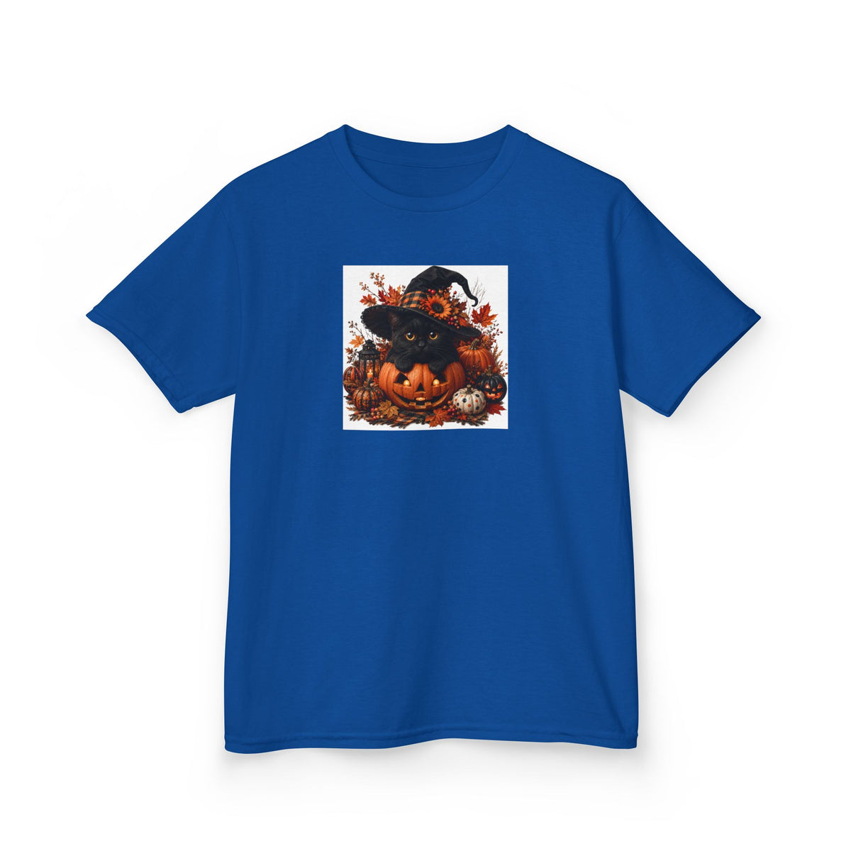 Kids Tee — Halloween Black Cat with Witch Hat & Pumpkins