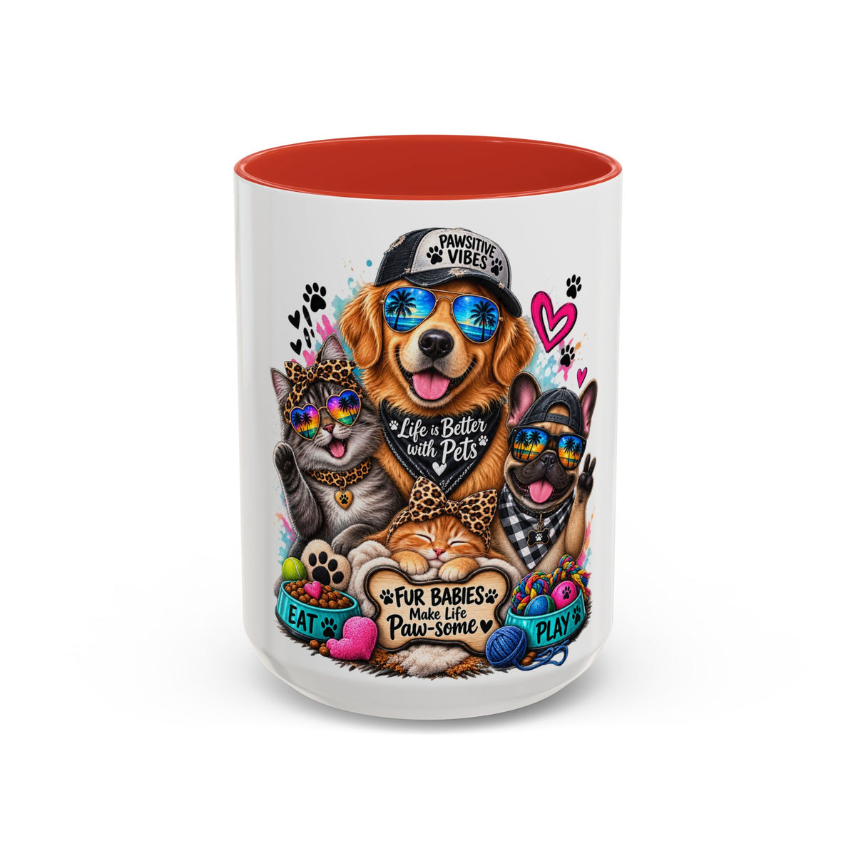 Coffee Mug — "Life is Better with Pets" Colorful Dog & Cat Paw-some Design (11/15 oz)