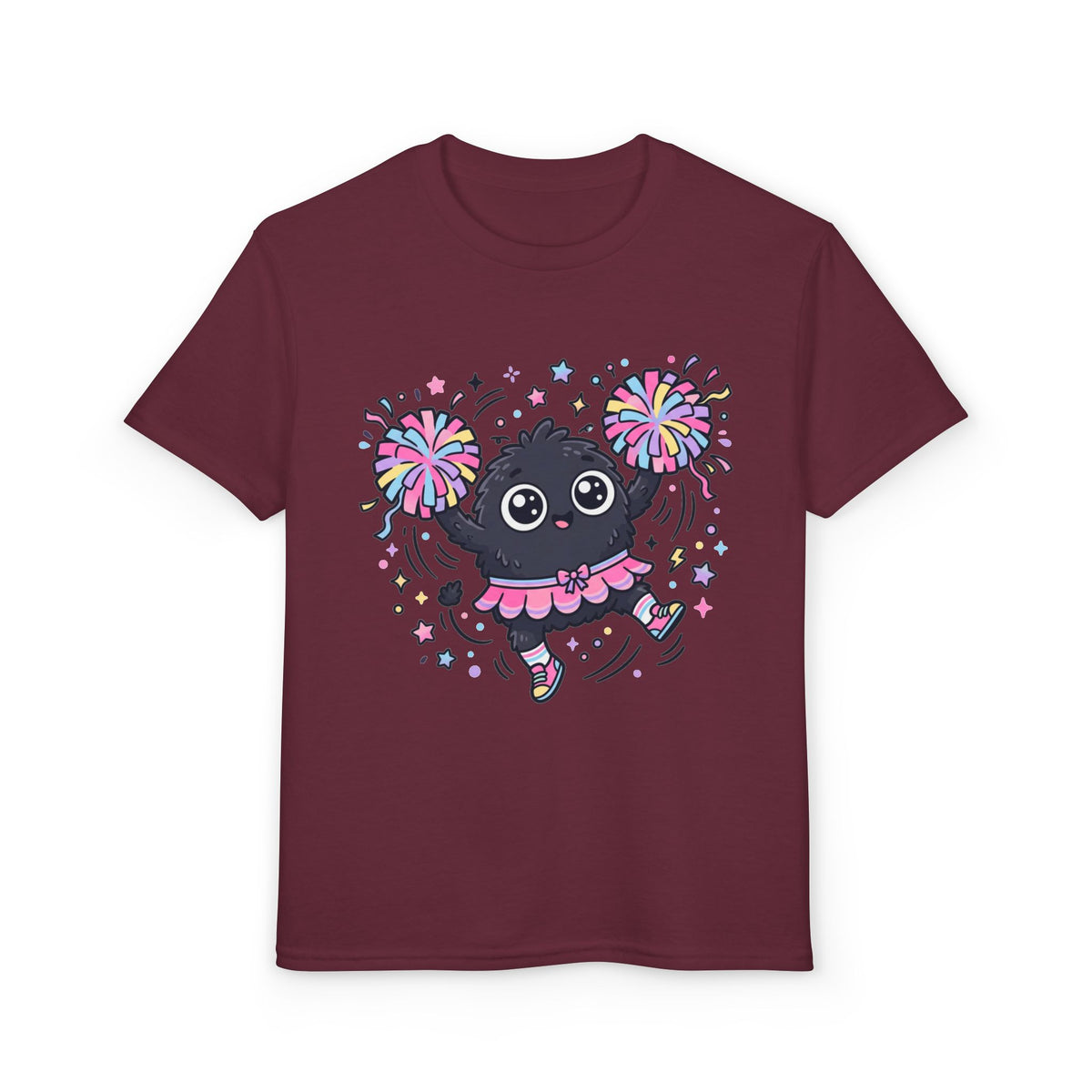 Cute Black Kitty Cheerleader Youth T-Shirt — Pom-Pom Dancing Cat Tee