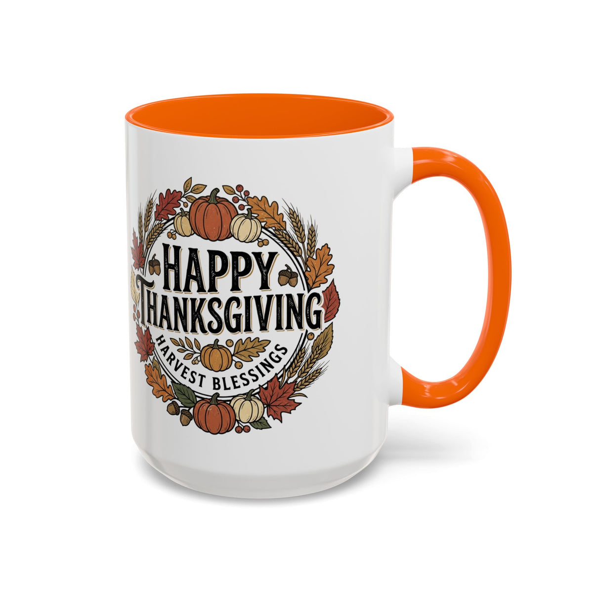 Happy Thanksgiving Accent Coffee Mug — "Harvest Blessings" Fall Pumpkin Wreath (11/15 oz)