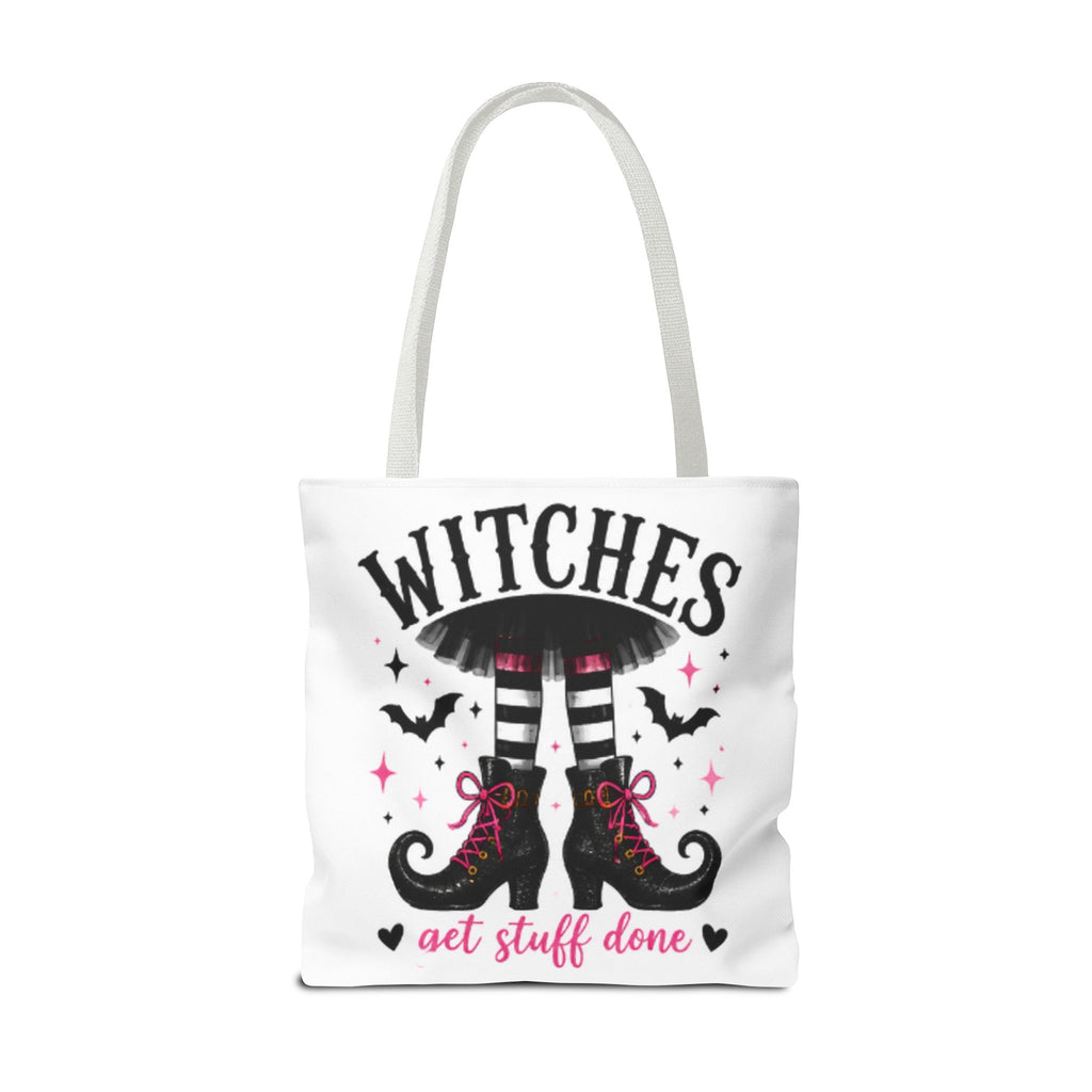 White tote bag with gray handles, 'WITCHES' boots graphic and 'get stuff done' text