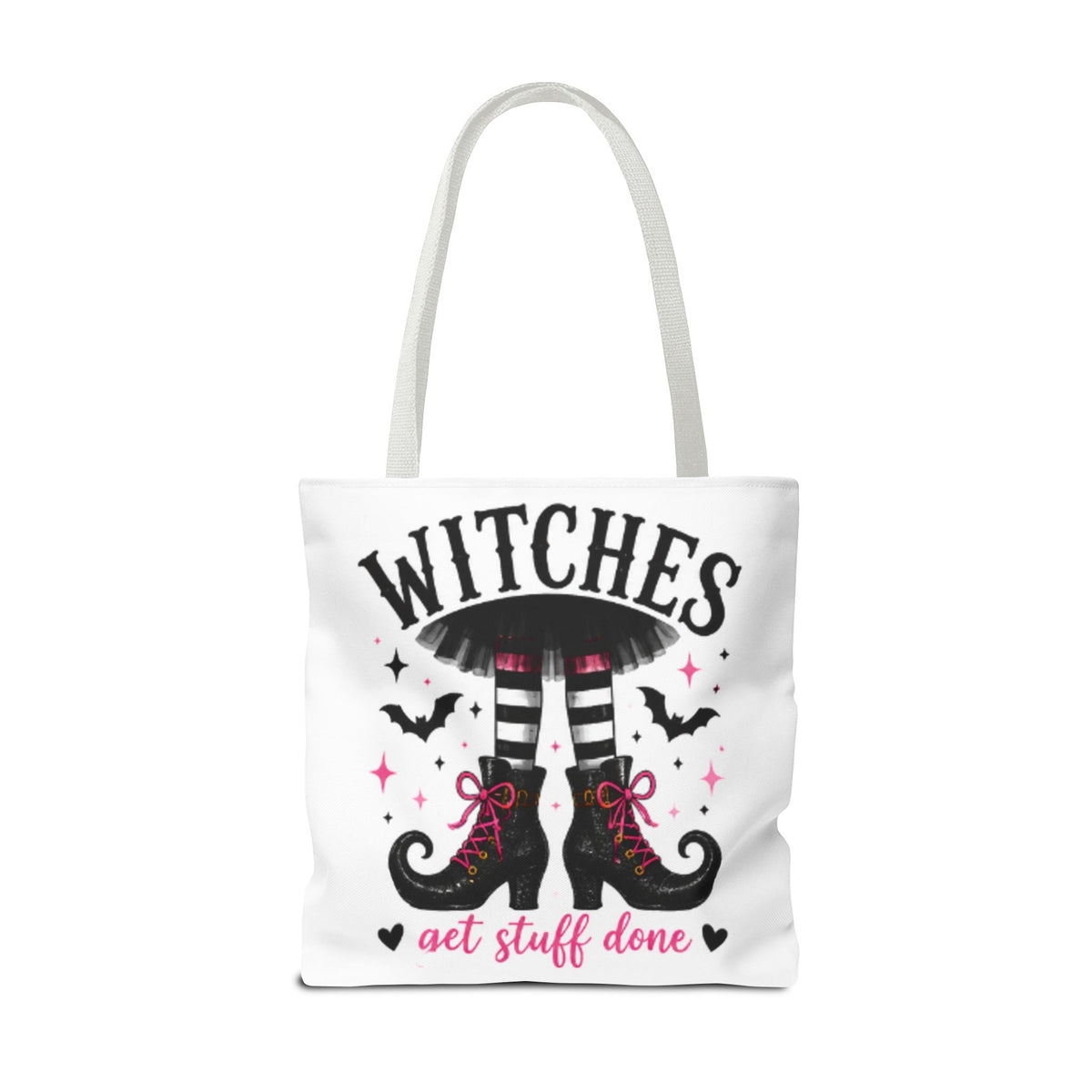 White tote bag with gray handles, 'WITCHES' boots graphic and 'get stuff done' text