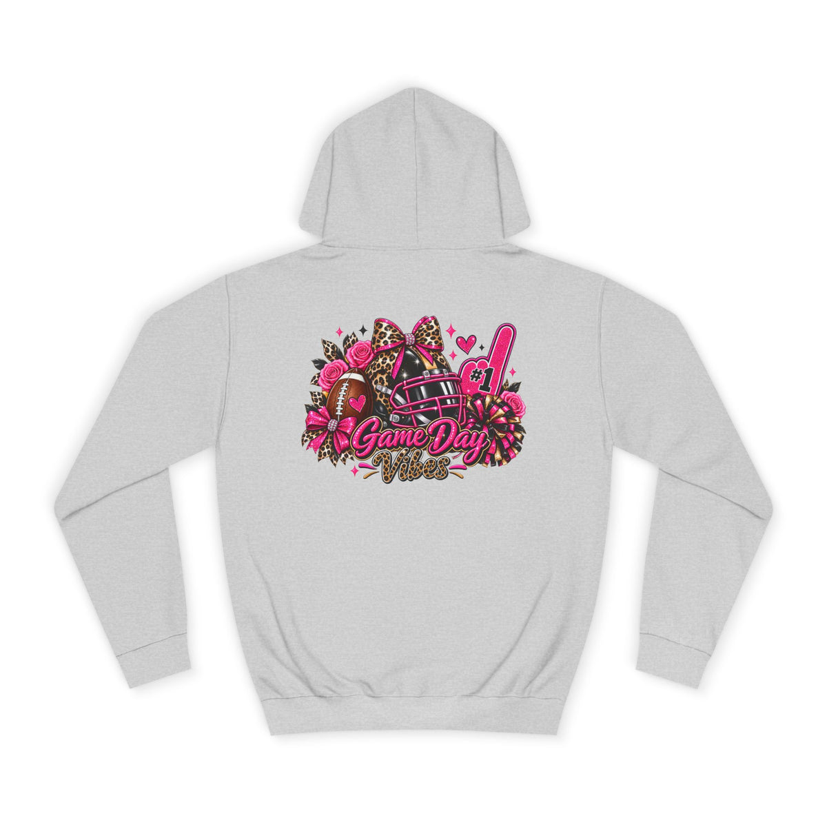 Game Day Cheer Hoodie — Pink Football Floral Design, white hoodie with a pink football helmet, floral accents, pom poms, and Game Day graphic on back by Printify