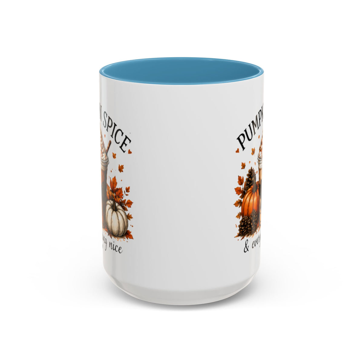 White pumpkin spice coffee mug with light blue interior and fall pumpkin graphic on side