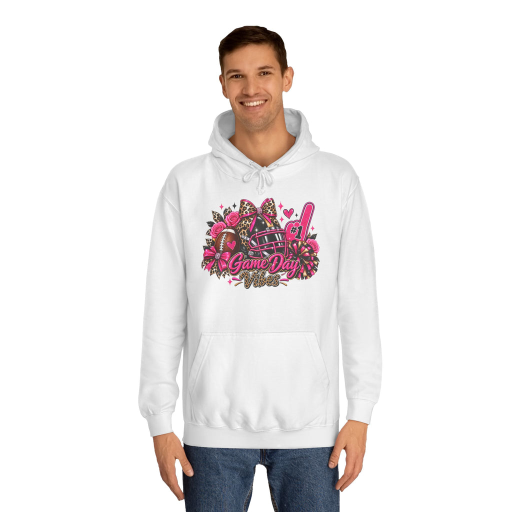 Game Day Cheer Hoodie — Pink Football Floral Design by Printify, white hoodie modeled by a man with a colorful pink football and floral game day graphic.