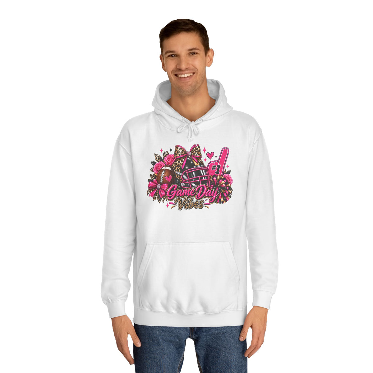 Game Day Cheer Hoodie — Pink Football Floral Design by Printify, white hoodie modeled by a man with a colorful pink football and floral game day graphic.