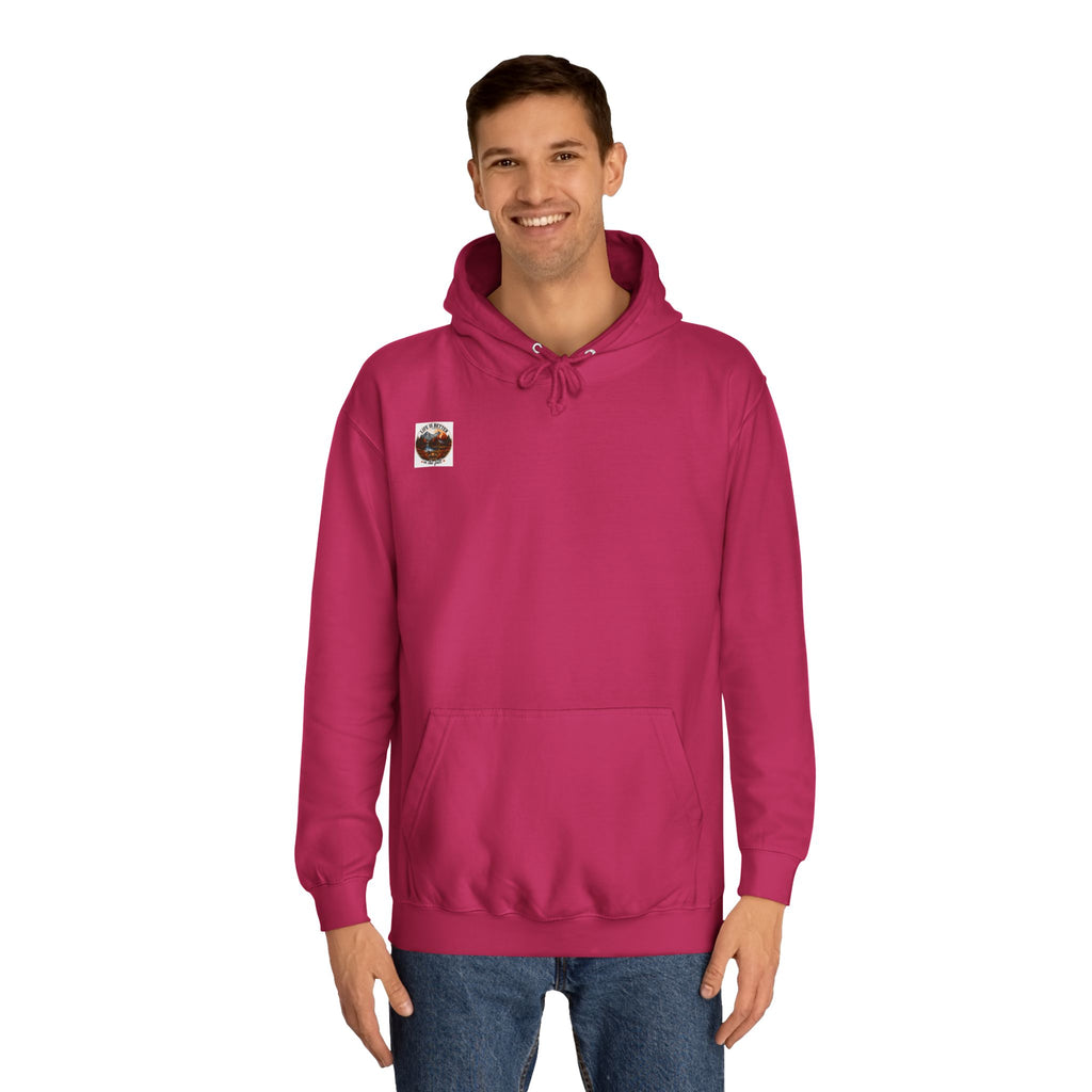 Burgundy pullover hoodie with drawstring hood, front pouch pocket, small chest patch