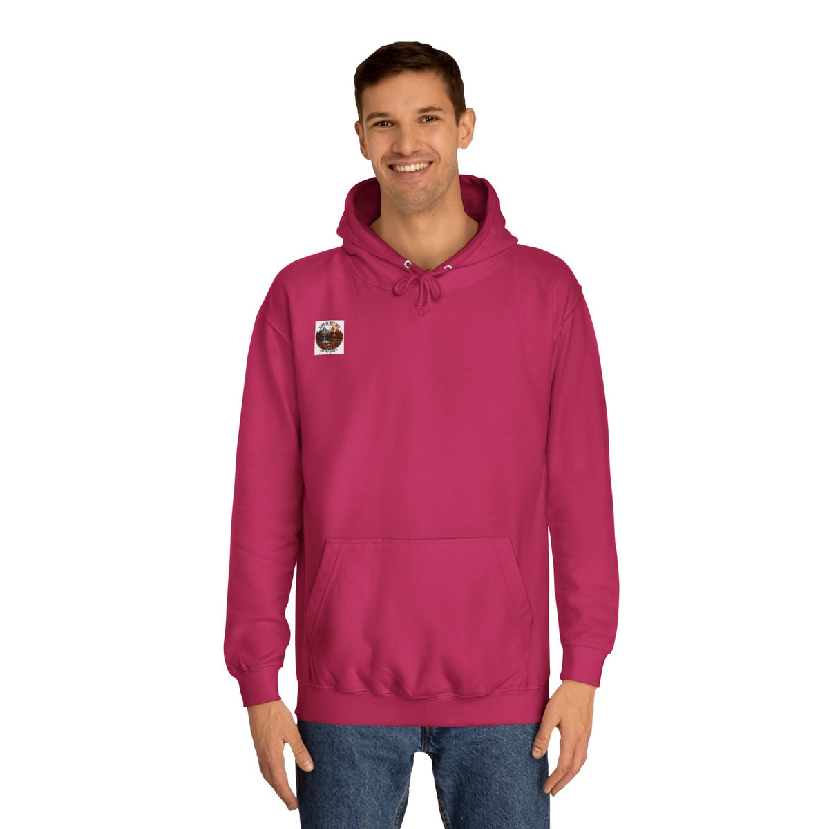 Burgundy pullover hoodie with drawstring hood, front pouch pocket, small chest patch