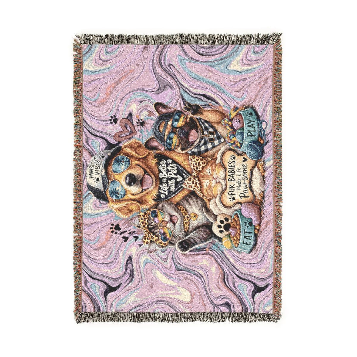 Psychedelic Pet Portrait Woven Blanket — Dog & Cats Floral Tapestry Throw