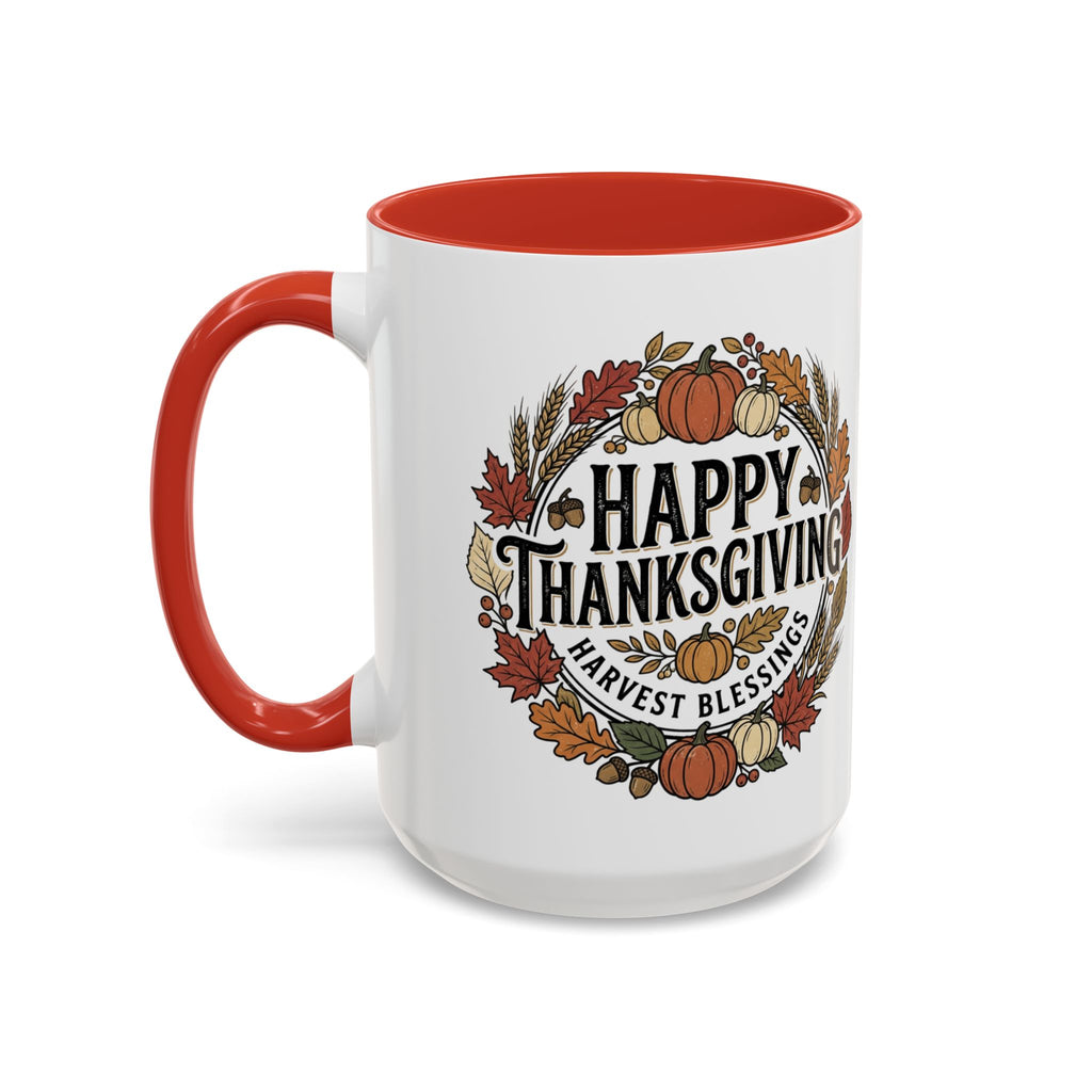 Happy Thanksgiving Accent Coffee Mug — "Harvest Blessings" Fall Pumpkin Wreath (11/15 oz)
