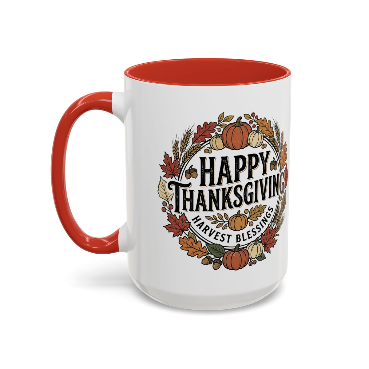 Happy Thanksgiving Accent Coffee Mug — "Harvest Blessings" Fall Pumpkin Wreath (11/15 oz)