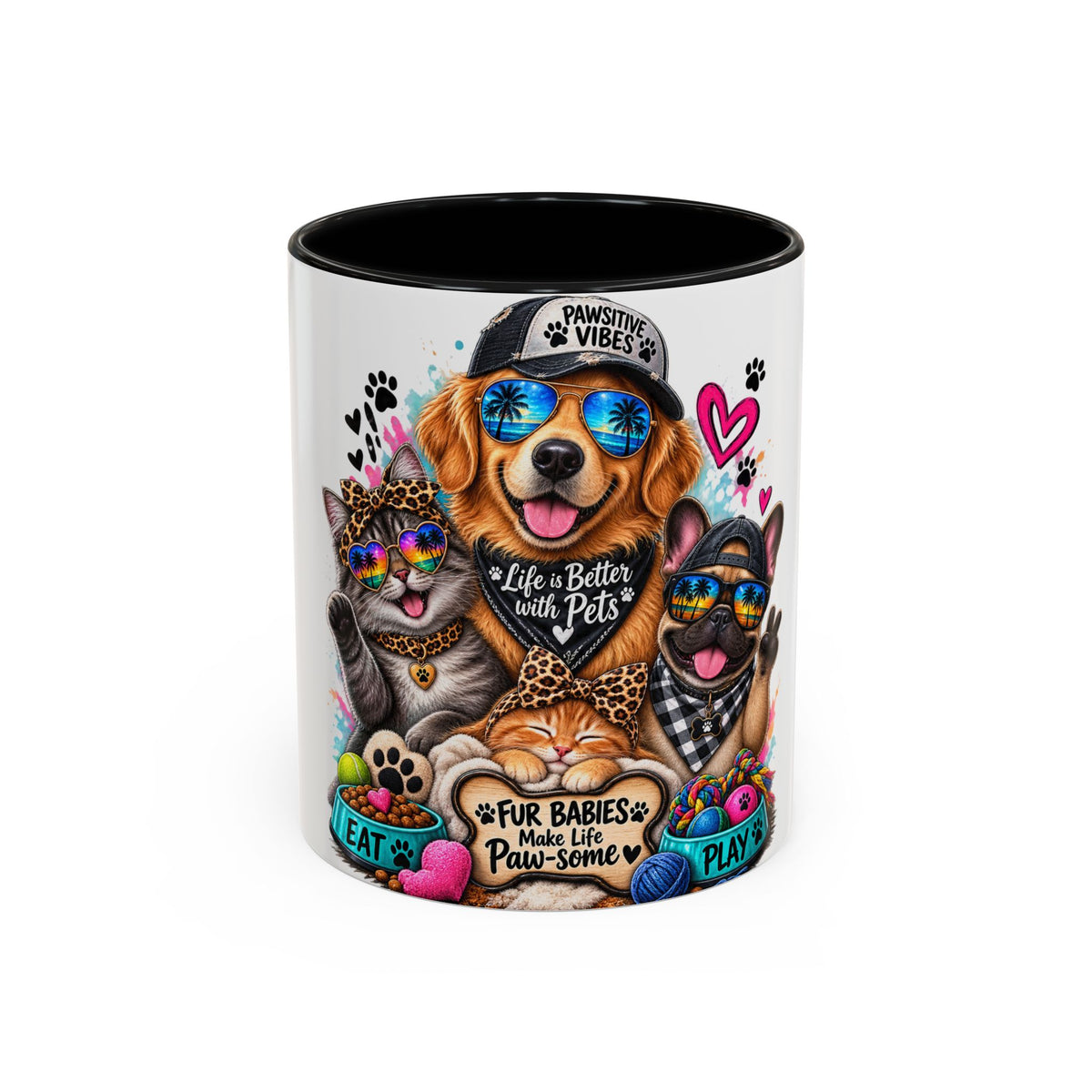 Coffee Mug — "Life is Better with Pets" Colorful Dog & Cat Paw-some Design (11/15 oz)