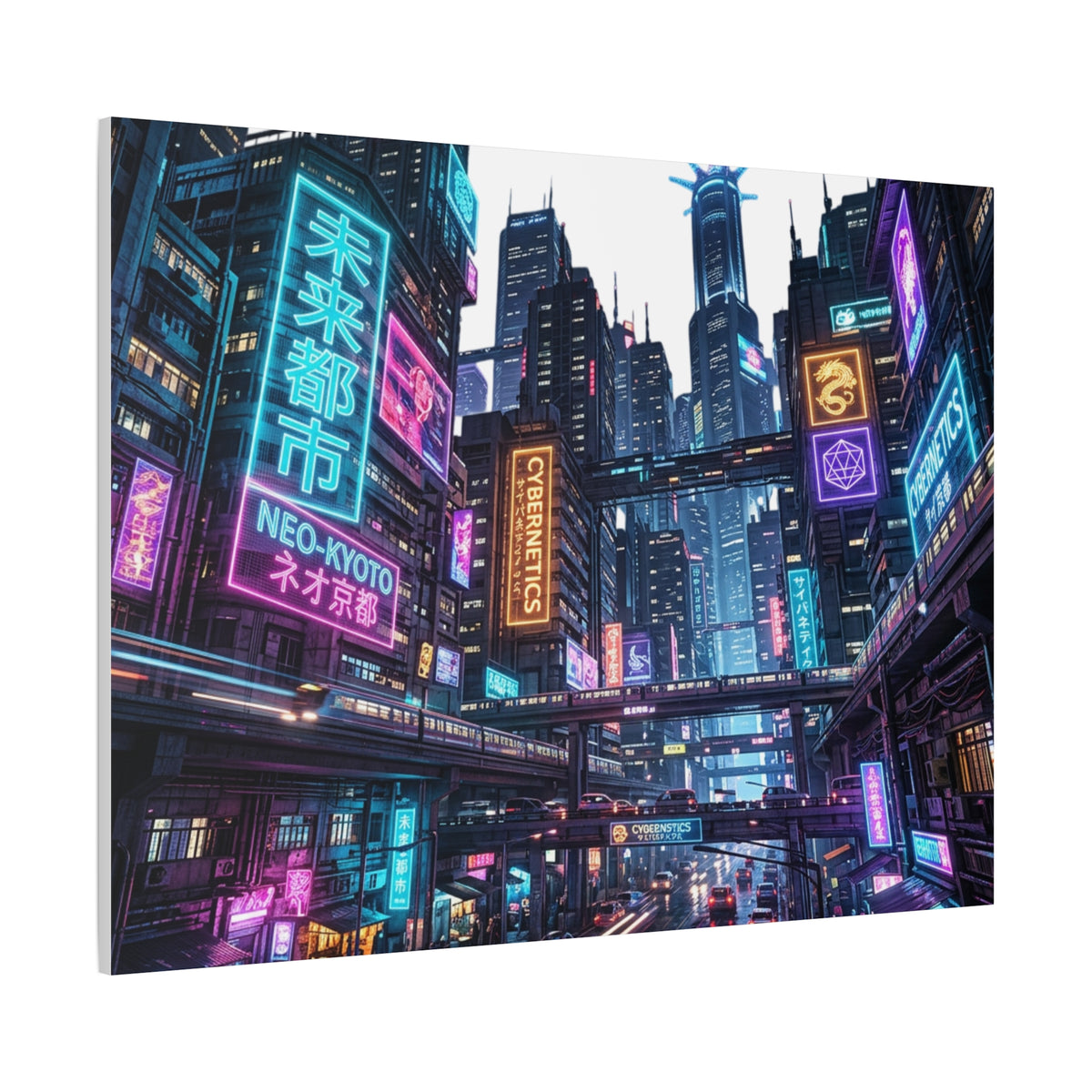 Neo-Kyoto Cyberpunk City Matte Canvas Print