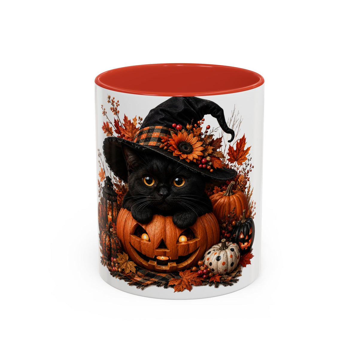 Halloween Black Cat Pumpkin Coffee Mug – Autumn Witch Hat Accent Mug (11/15oz)