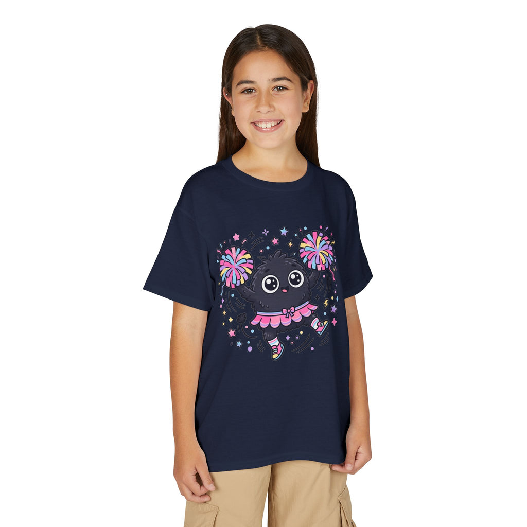 Cute Black Kitty Cheerleader Youth T-Shirt — Pom-Pom Dancing Cat Tee