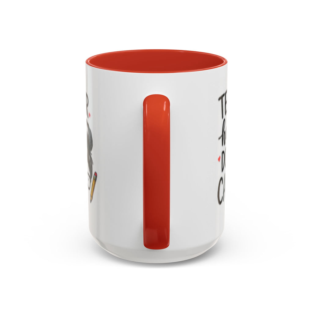 Coffee mug with white body, red-orange rim, and vertical red-orange accent letter I