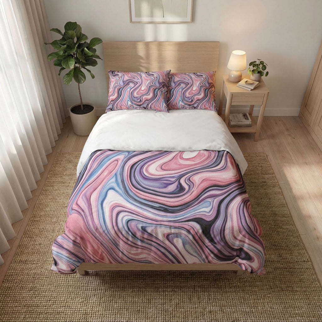 Marble Swirl Quilt Cover Set — Pink & Lavender Abstract Bedding (3-Piece)