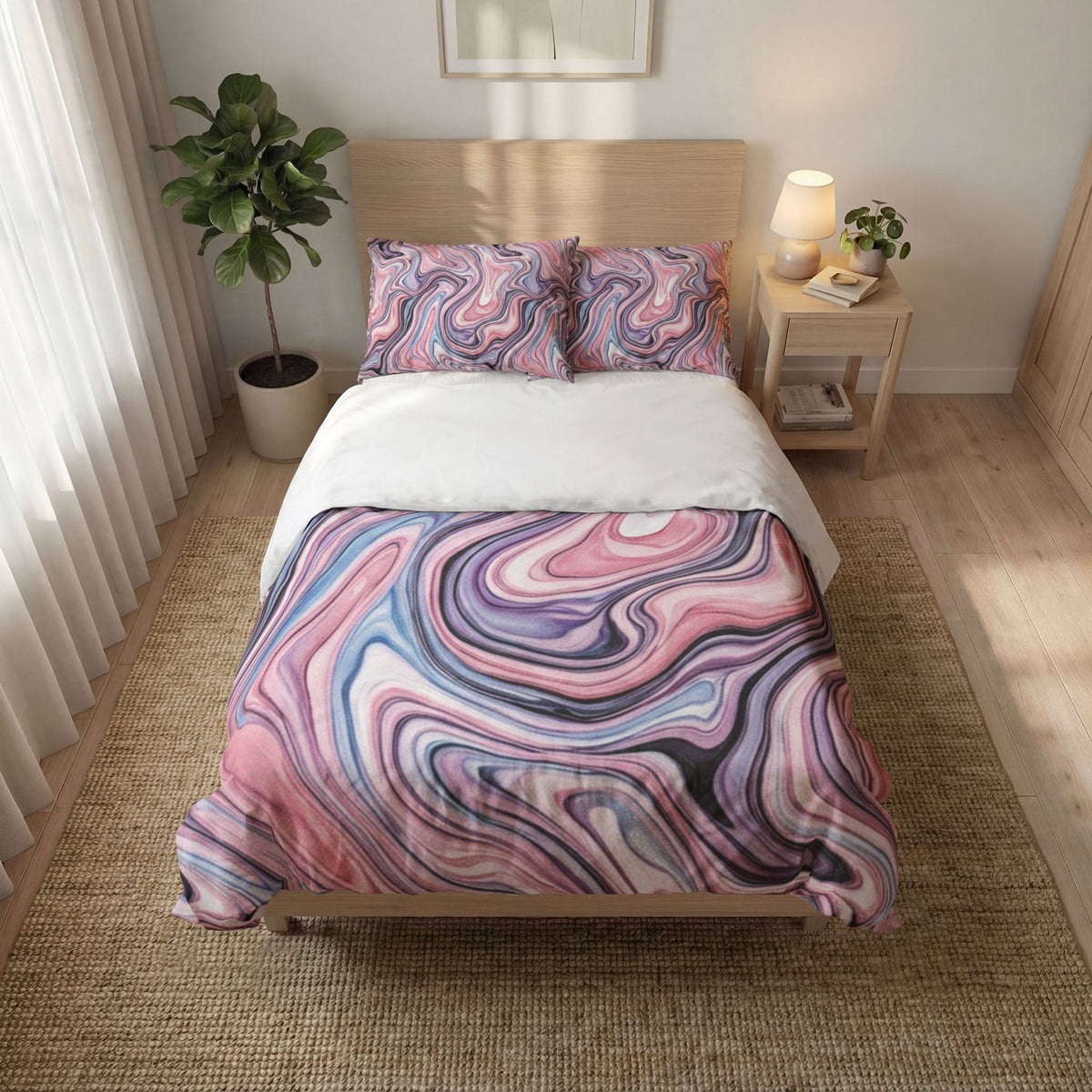 Marble Swirl Quilt Cover Set — Pink & Lavender Abstract Bedding (3-Piece)