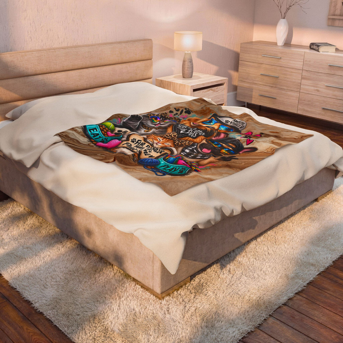 Velveteen Plush Blanket — "Life Is Better with Pets" Cute Dog & Cat Paw-Some Throw