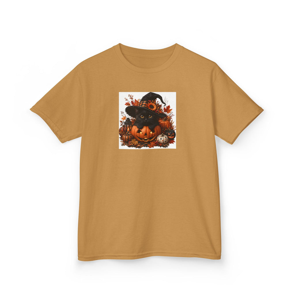 Kids Tee — Halloween Black Cat with Witch Hat & Pumpkins